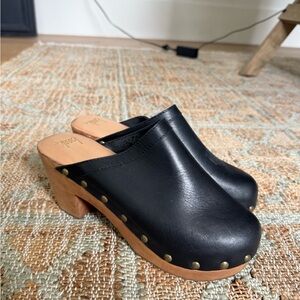 beek Black Leather Clogs with Wooden Platform